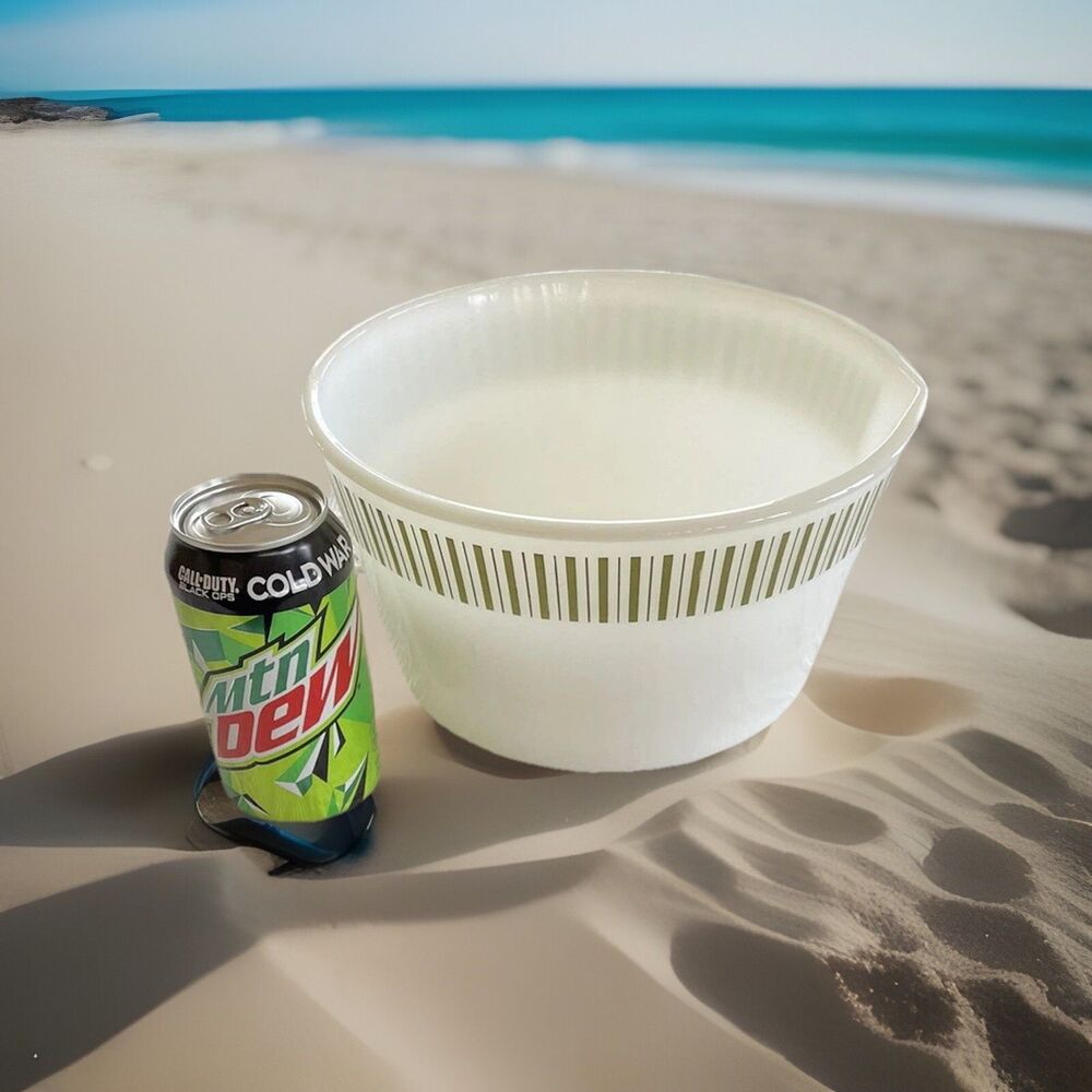 MCM Glass Mixing Bowl w Spout Green Stripe Mid Century Modern Large Unmarked